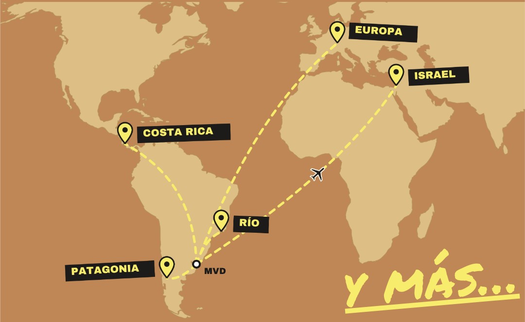 Mapa con rutas desde Montevideo a Patagonia, Río, Costa Rica, Europa e Israel